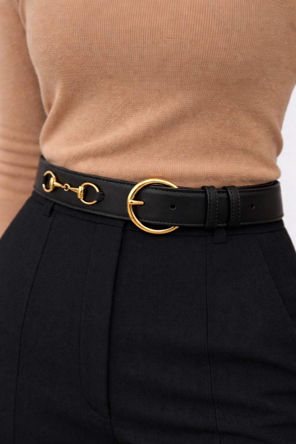 Ceinture Diane Noire en Cuir Véritable, Doublée Nubuck, Mors Cheval