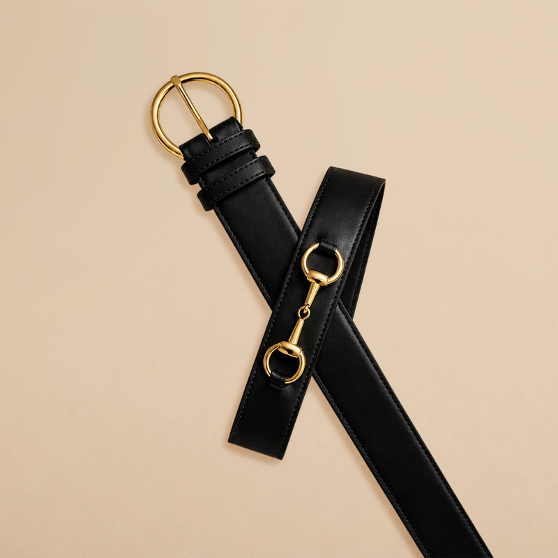 Ceinture Diane Noire en Cuir Véritable, Doublée Nubuck, Mors Cheval