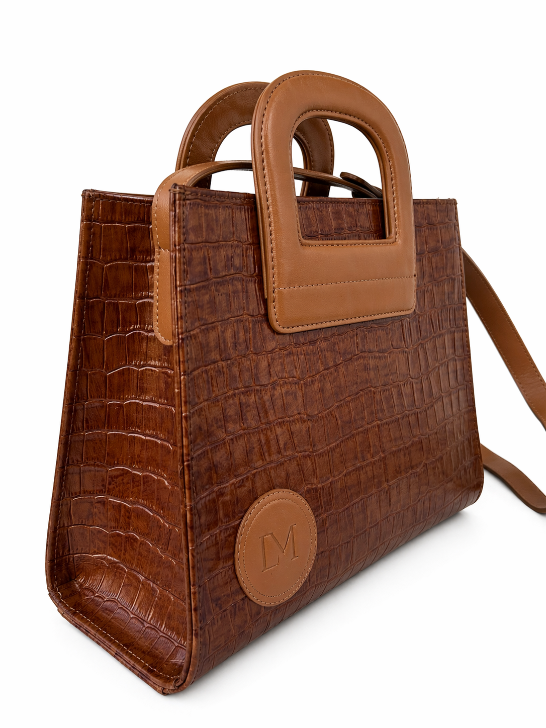 Sac Amazone Marron Anse Beige en Cuir Façon Crocodile, Pièce Iconique