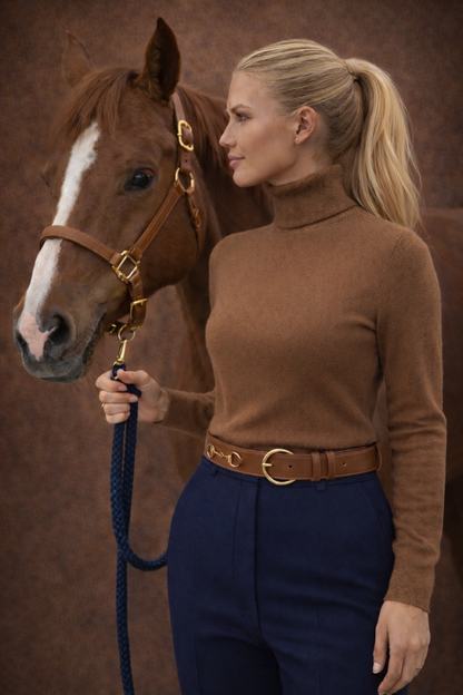 Ceinture Diane Camel en Cuir Véritable, Doublée Nubuck, Mors Cheval Doré