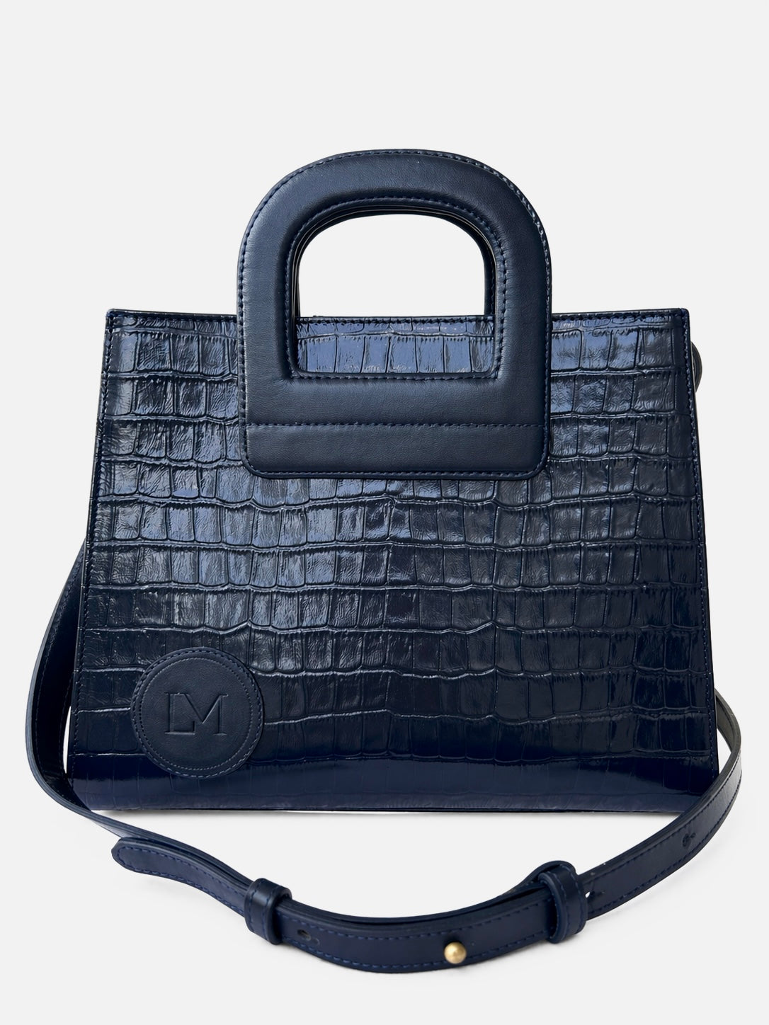 Sac Amazone Bleu Marine en Cuir Façon Crocodile, Anse Étrier de Selle