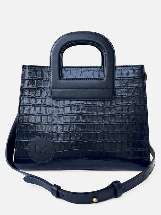Sac Amazone Bleu Marine en Cuir Façon Crocodile, Anse Étrier de Selle