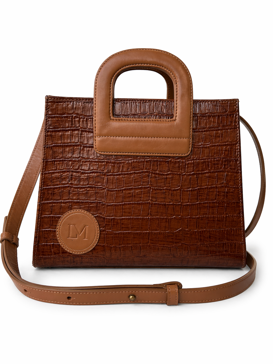 Sac Amazone marron en cuir façon crocodile avec anse beige étrier Laure Montigny, médaillon LM, pièce iconique, vue de profil
