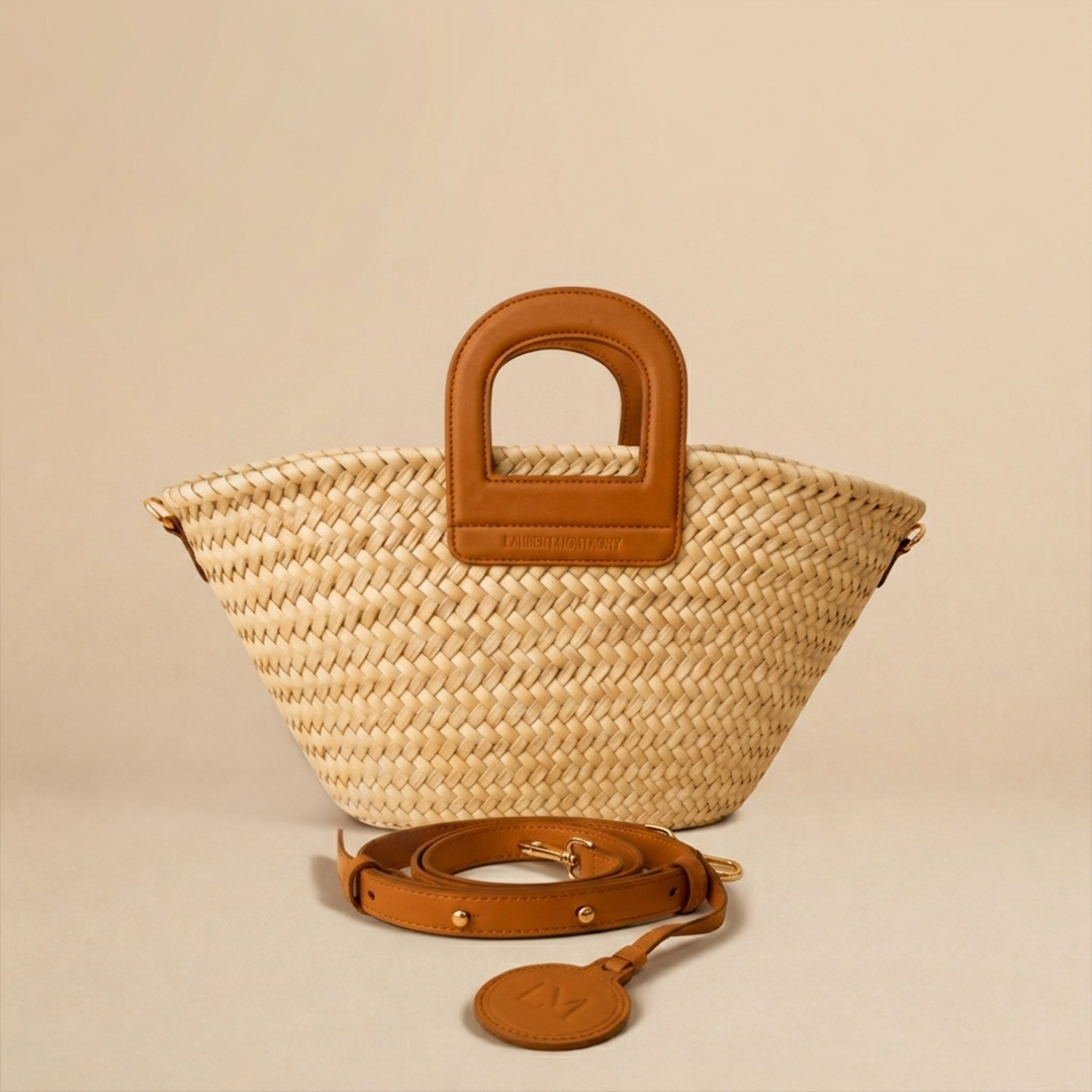 Grand Panier Amazone camel en paille naturelle Laure Montigny, anse cuir étrier de selle