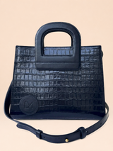 Sac Amazone Bleu Marine en Cuir Façon Crocodile, Anse Étrier de Selle 3