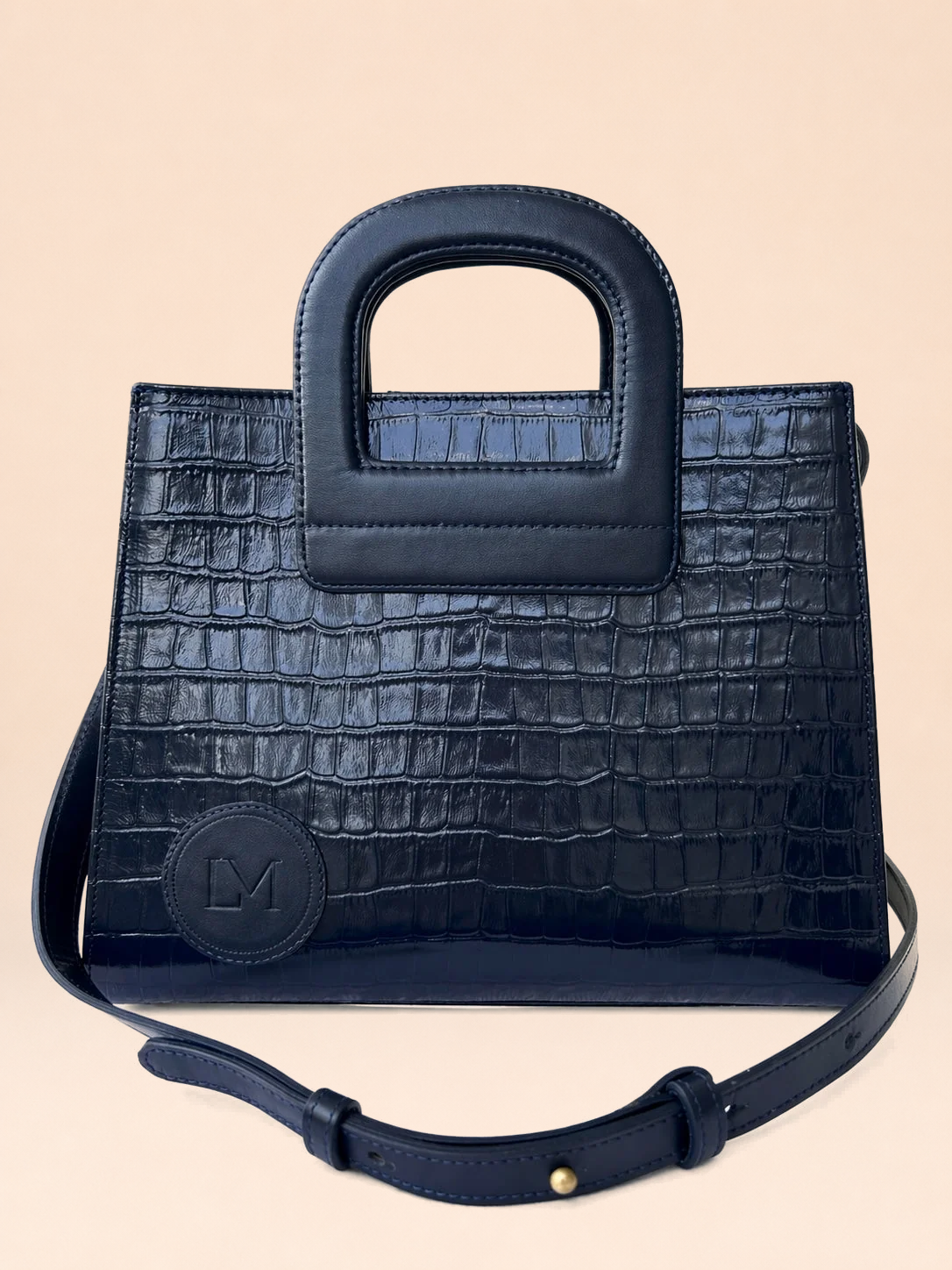 Sac Amazone Bleu Marine en Cuir Façon Crocodile, Anse Étrier de Selle
