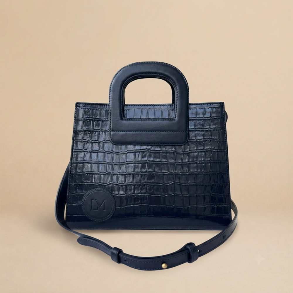 Sac Amazone Bleu Marine en Cuir Façon Crocodile, Anse Étrier de Selle 1