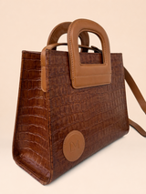 Sac Amazone Marron Anse Beige en Cuir Façon Crocodile, Pièce Iconique 4