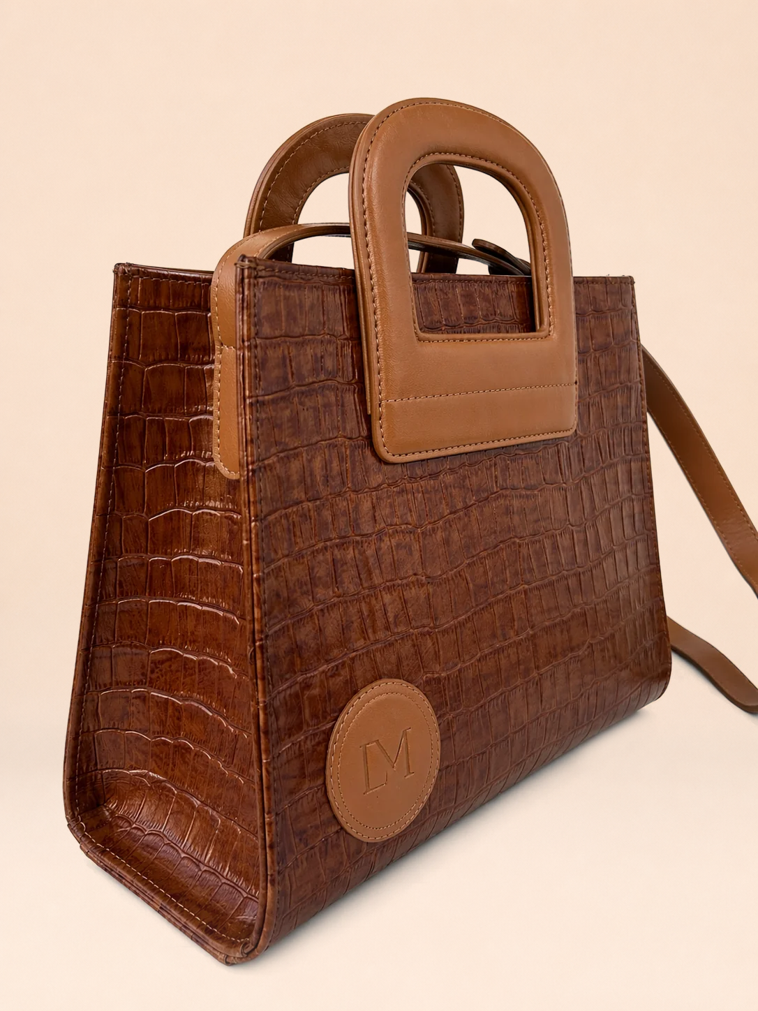 Sac Amazone Marron Anse Beige en Cuir Façon Crocodile, Pièce Iconique