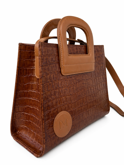 Sac Amazone Marron Anse Beige en Cuir Façon Crocodile, Pièce Iconique