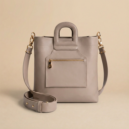 Cabas Amazone gris taupe en cuir vachette souple Laure Montigny, grande contenance