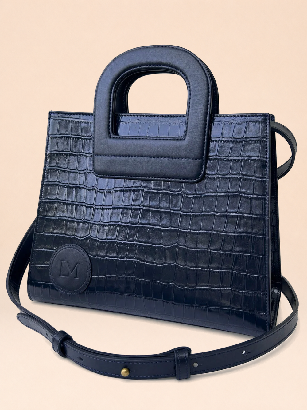 Sac Amazone Bleu Marine en Cuir Façon Crocodile, Anse Étrier de Selle 4