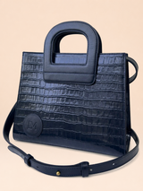 Sac Amazone Bleu Marine en Cuir Façon Crocodile, Anse Étrier de Selle 4