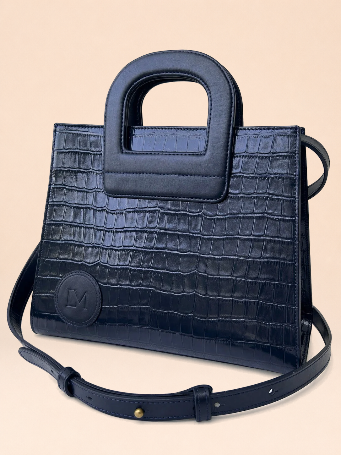 Sac Amazone Bleu Marine en Cuir Façon Crocodile, Anse Étrier de Selle