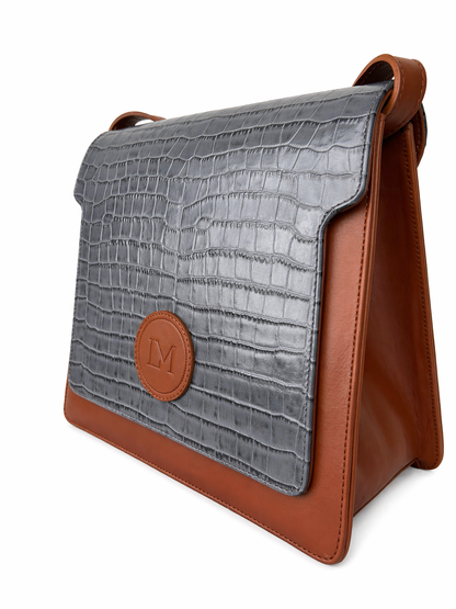 Sac Lipizzan Marron et Bleu Jean en Cuir Façon Croco, Pièce Iconique