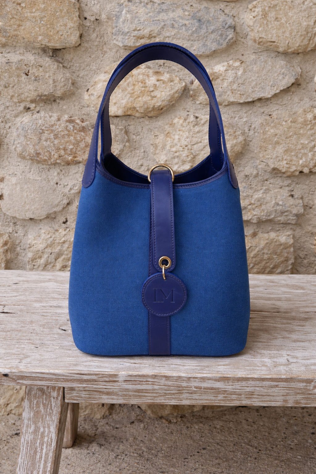 Sac Paddock Bleu en Toile Coton et Cuir, Médaillon LM Signature