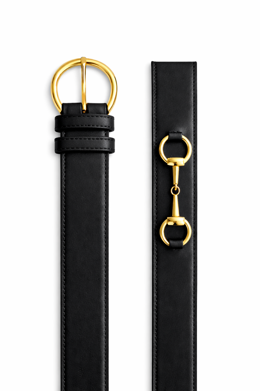 Ceinture Diane Noire en Cuir Véritable, Doublée Nubuck, Mors Cheval