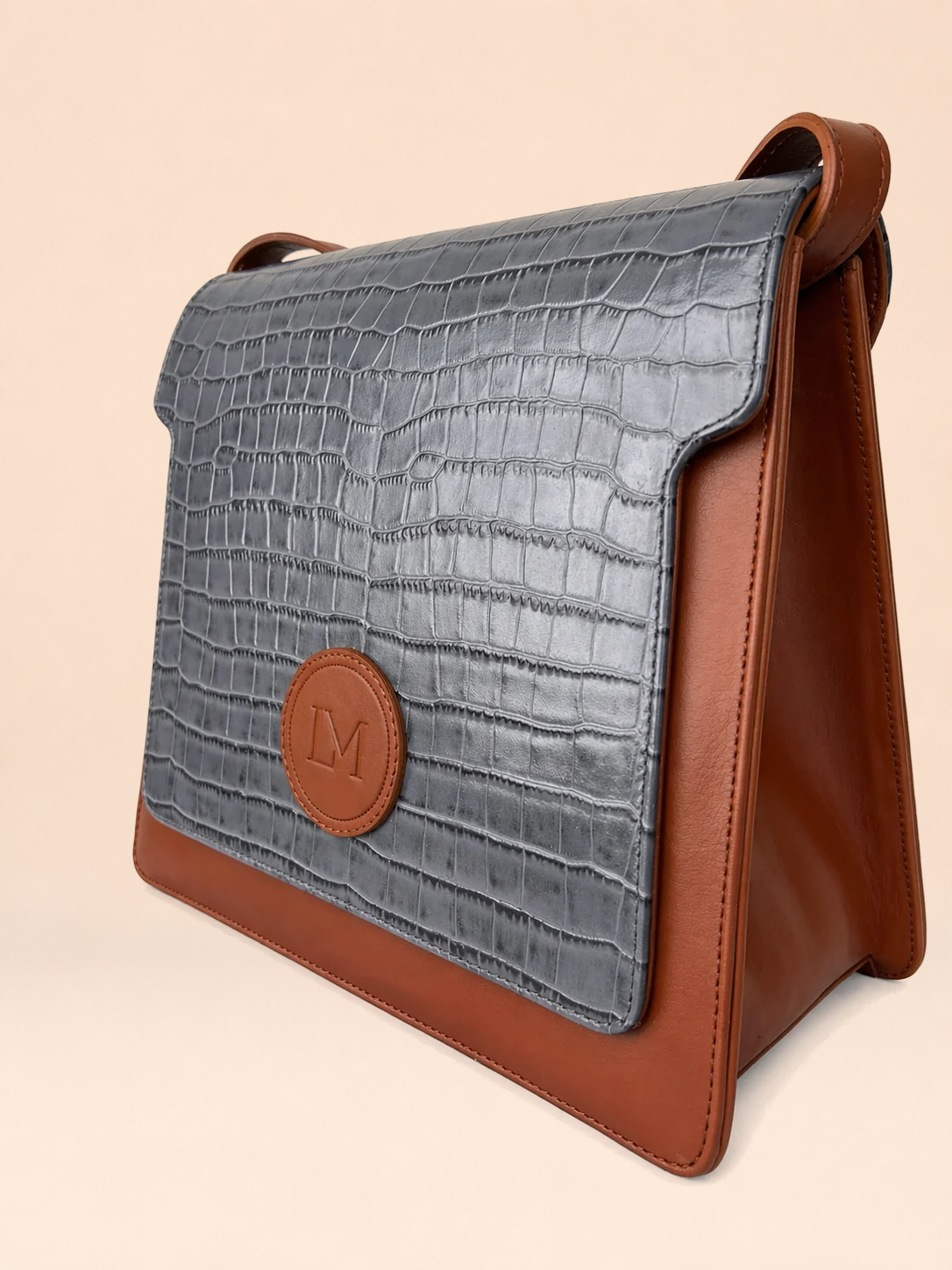 Sac Lipizzan Marron et Bleu Jean en Cuir Façon Croco, Pièce Iconique