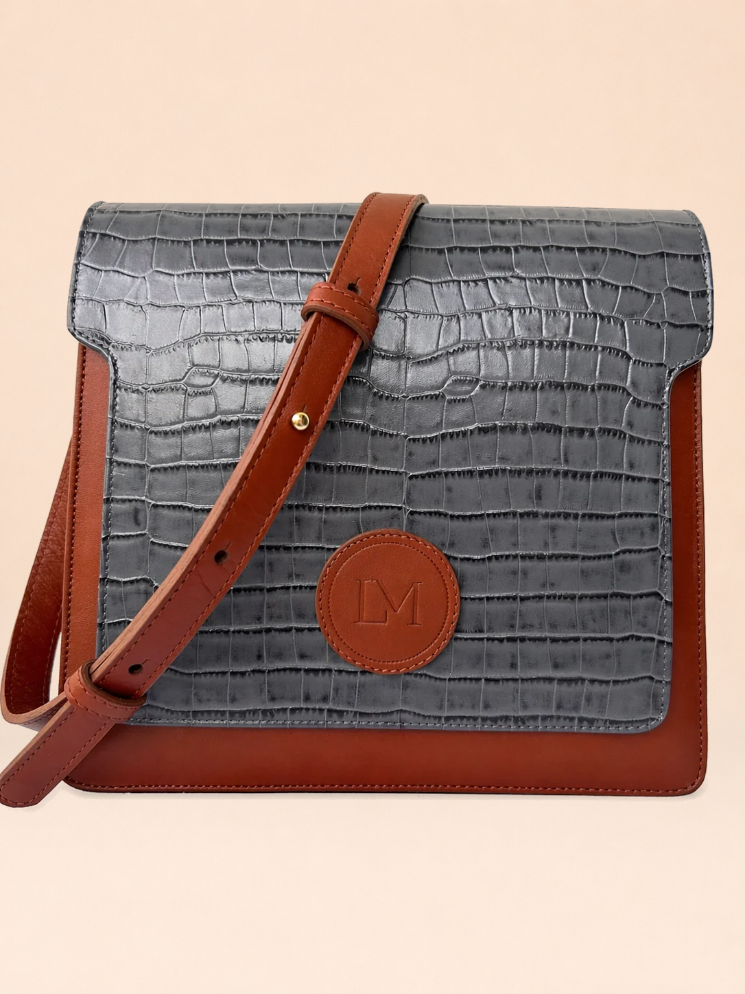 Sac Lipizzan Marron et Bleu Jean en Cuir Façon Croco, Pièce Iconique