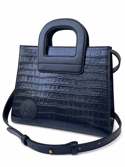Sac Amazone Bleu Marine en Cuir Façon Crocodile, Anse Étrier de Selle