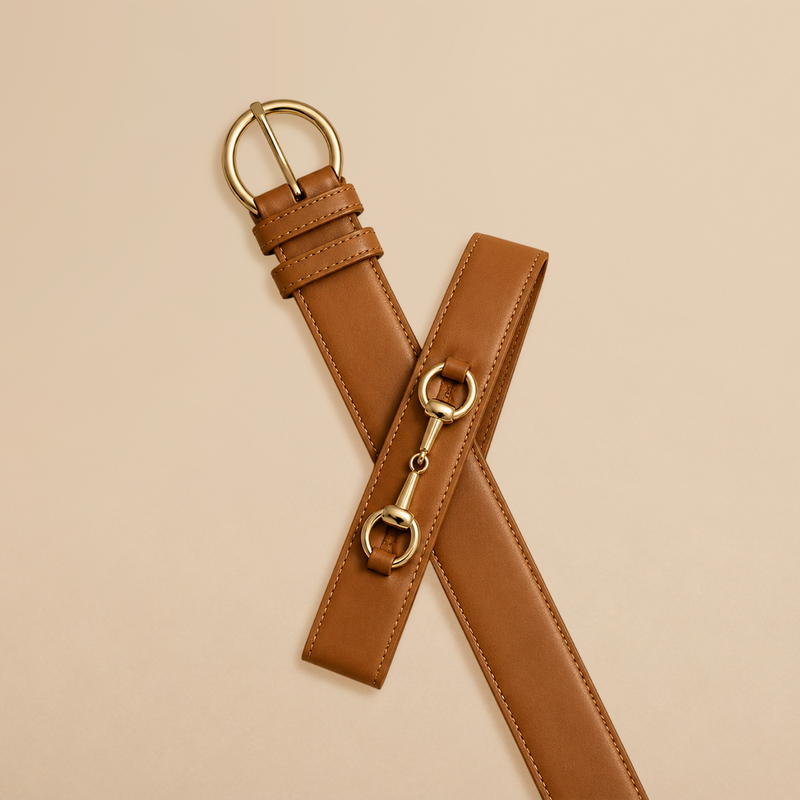 Ceinture Diane Camel en Cuir Véritable, Doublée Nubuck, Mors Cheval Doré