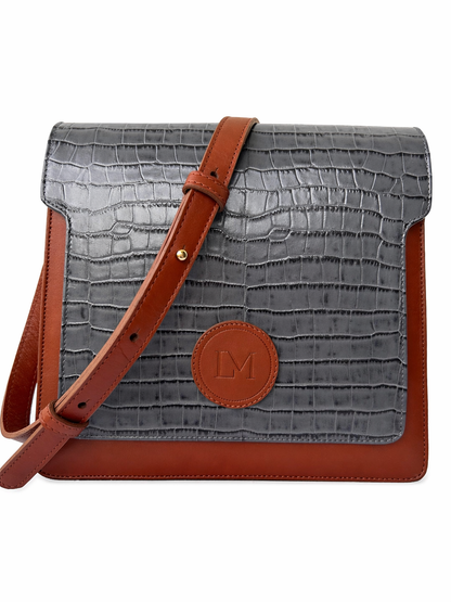 Sac Lipizzan Marron et Bleu Jean en Cuir Façon Croco, Pièce Iconique