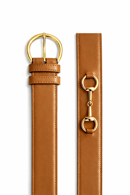Ceinture Diane Camel en Cuir Véritable, Doublée Nubuck, Mors Cheval Doré