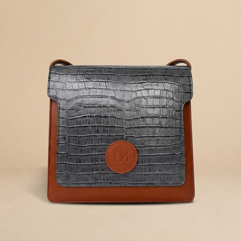 Sac Lipizzan Marron et Bleu Jean en Cuir Façon Croco, Pièce Iconique