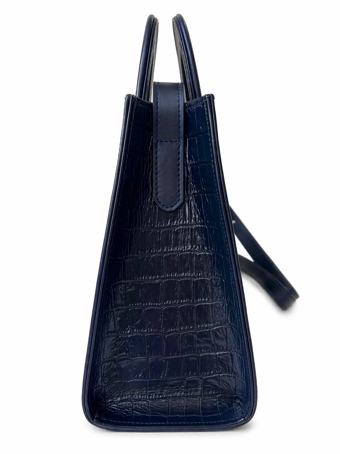 Sac Amazone Bleu Marine en Cuir Façon Crocodile, Anse Étrier de Selle