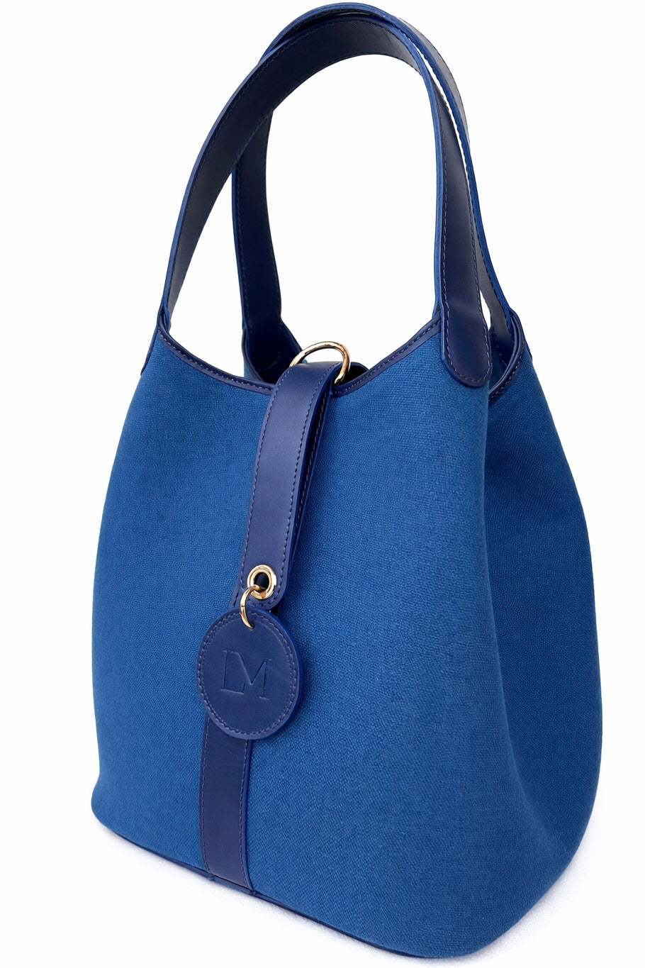 Sac Paddock Bleu en Toile Coton et Cuir, Médaillon LM Signature