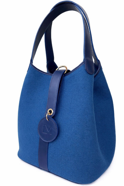 Sac Paddock Bleu en Toile Coton et Cuir, Médaillon LM Signature