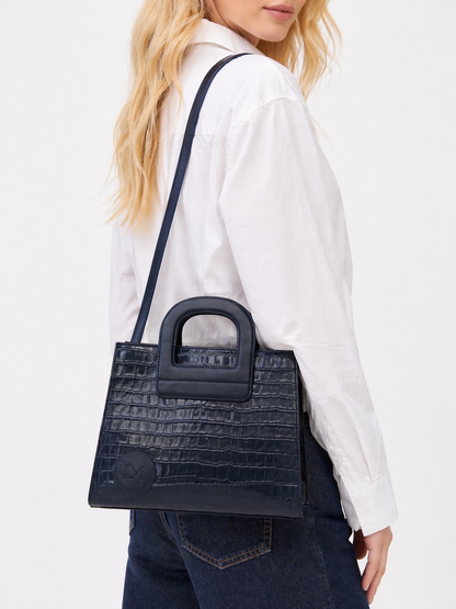 Sac Amazone Bleu Marine en Cuir Façon Crocodile, Anse Étrier de Selle