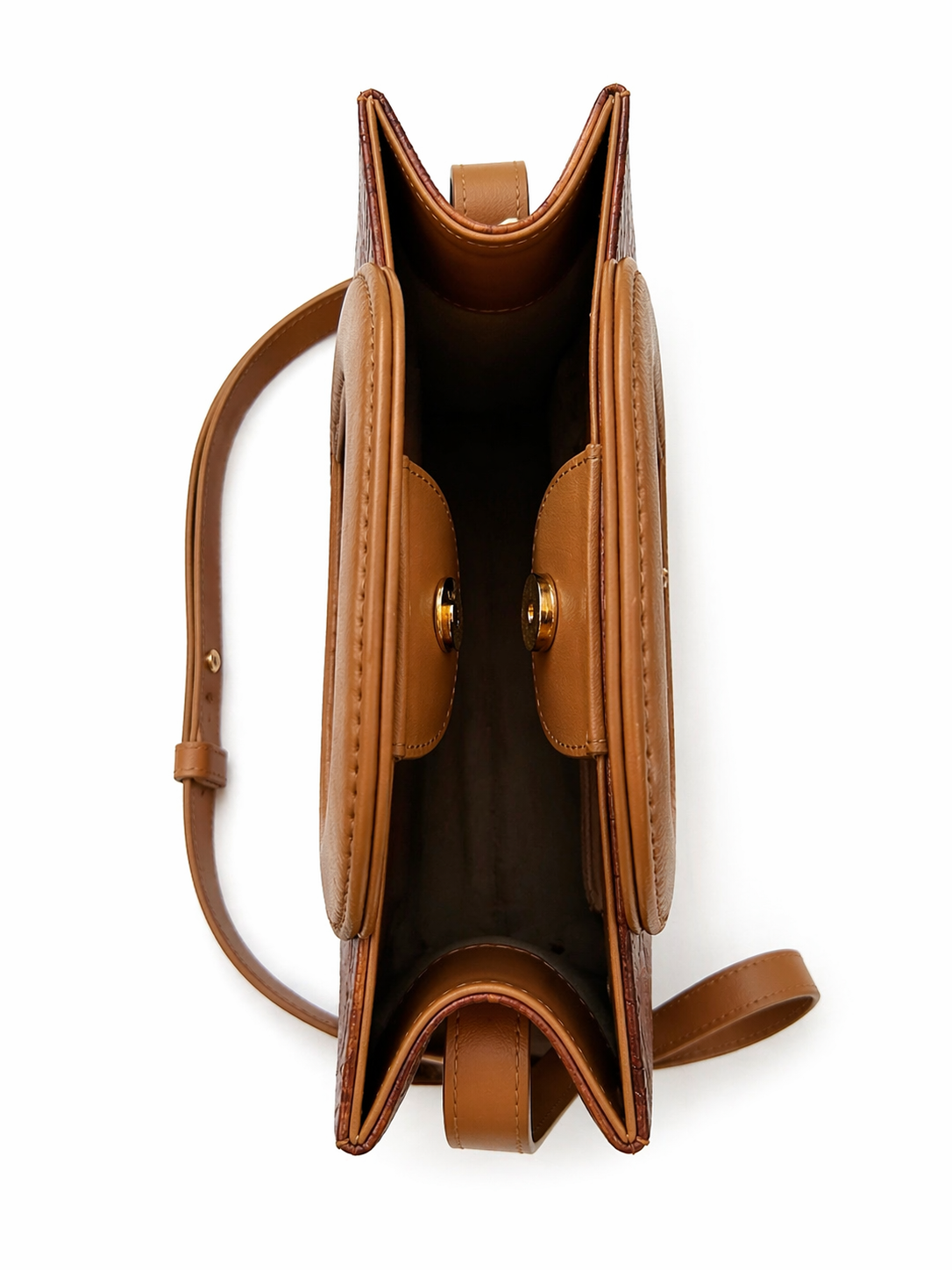 Sac Amazone marron en cuir façon crocodile avec anse beige étrier Laure Montigny, médaillon LM, pièce iconique, vue de dos