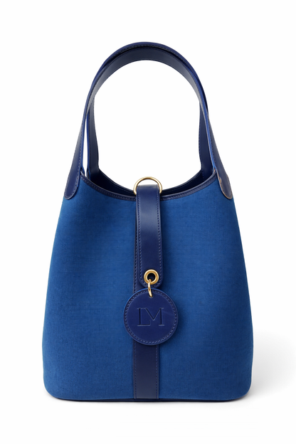 Sac Paddock Bleu en Toile Coton et Cuir, Médaillon LM Signature