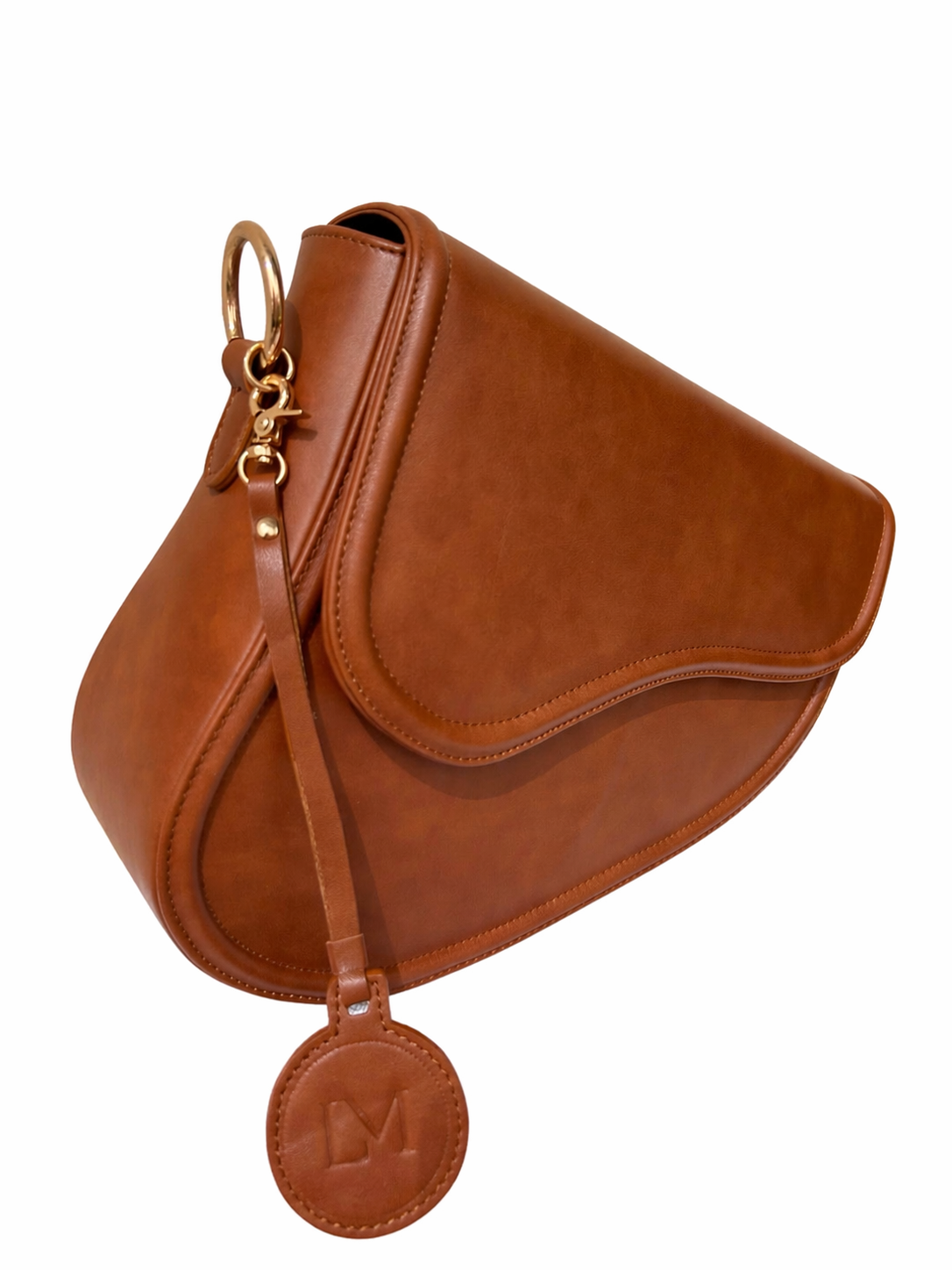 Sac Selle-LM cuir marron marbré Laure Montigny, design selle d'équitation, finitions dorées