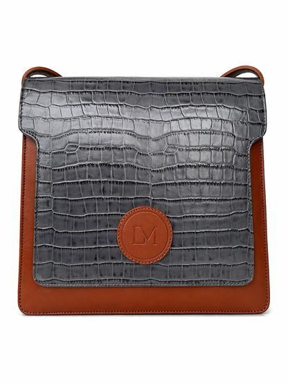 Sac Lipizzan Marron et Bleu Jean en Cuir Façon Croco, Pièce Iconique