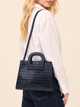 Sac Amazone Bleu Marine en Cuir Façon Crocodile, Anse Étrier de Selle 2