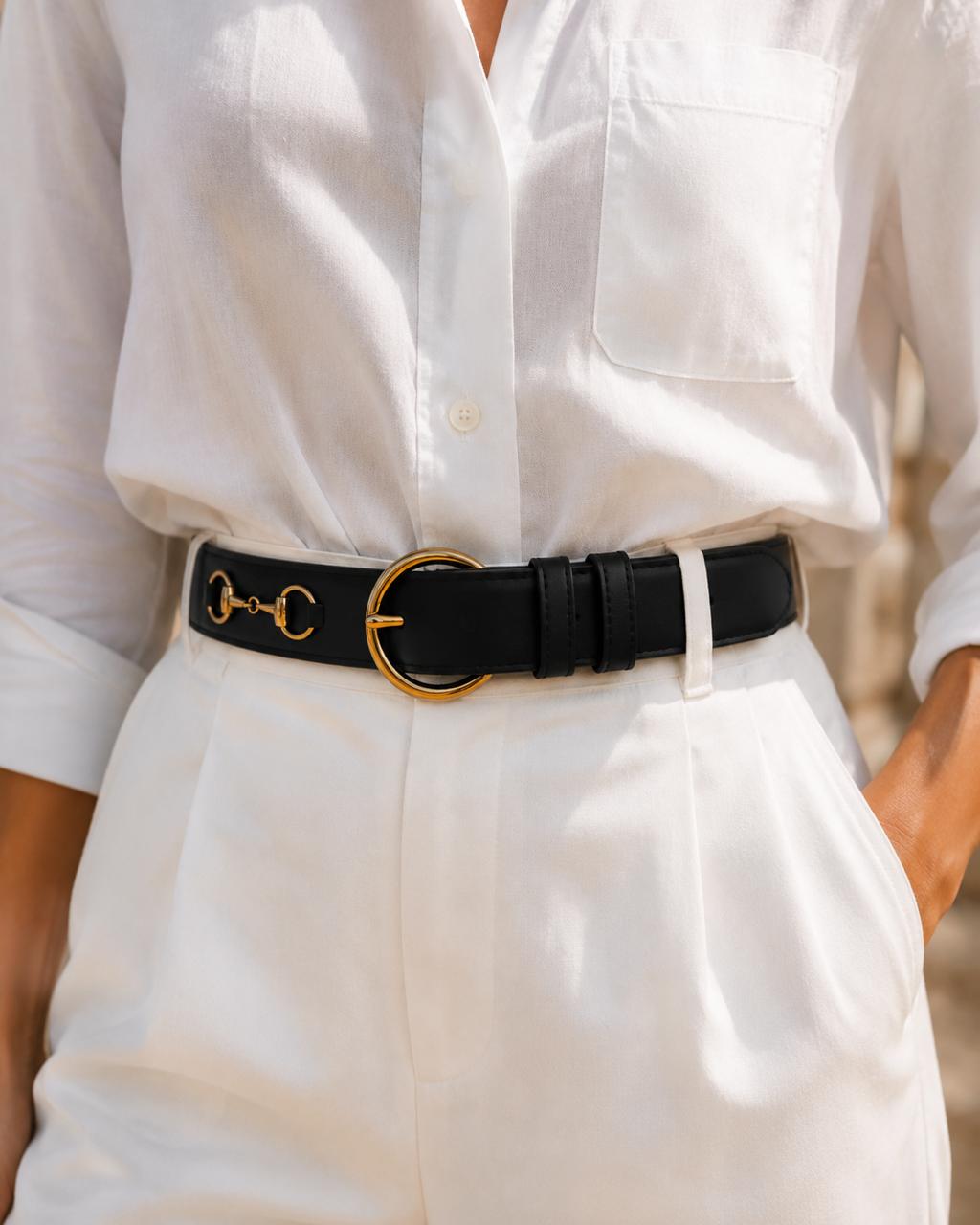Ceinture Diane Noire en Cuir Véritable, Doublée Nubuck, Mors Cheval
