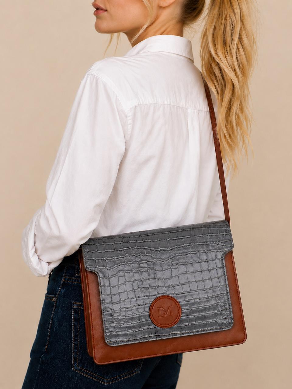 Sac Lipizzan Marron et Bleu Jean en Cuir Façon Croco, Pièce Iconique